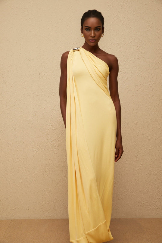 Ambra Yellow One-Shoulder Maxi Dress with Metallic Detailing