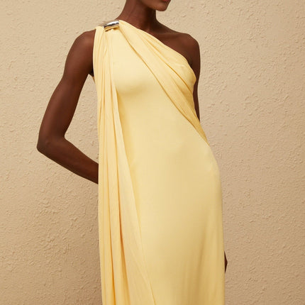 Ambra Yellow One-Shoulder Maxi Dress with Metallic Detailing and Rear Zip Fastening