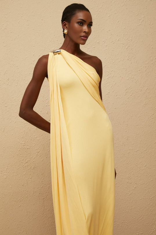 Ambra Yellow One-Shoulder Maxi Dress with Metallic Detailing and Rear Zip Fastening