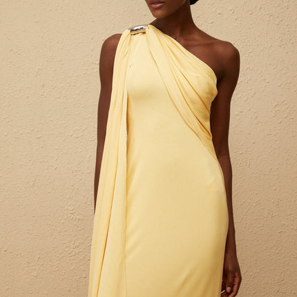 Ambra Yellow One Shoulder Maxi Dress with Metallic Detailing