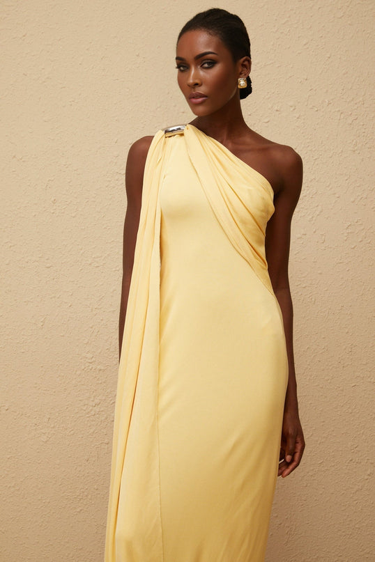 Ambra Yellow One Shoulder Maxi Dress with Metallic Detailing