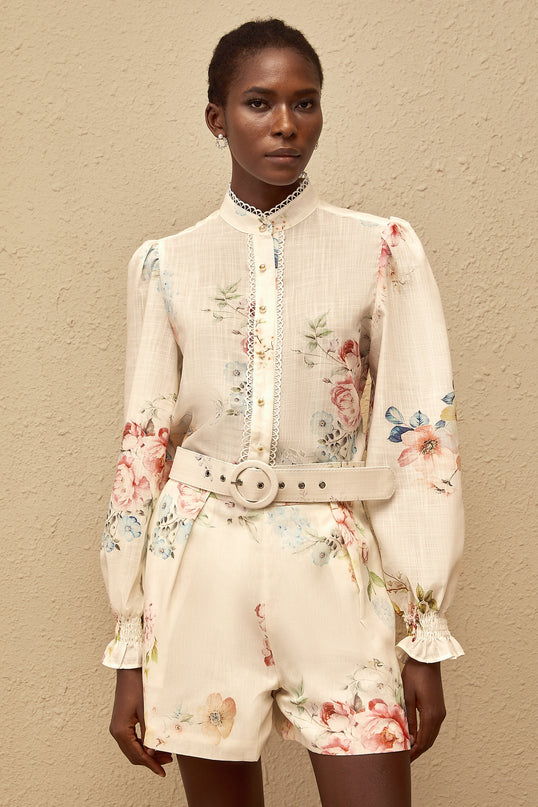 Ambre White Floral Print Shirt  Shorts Set