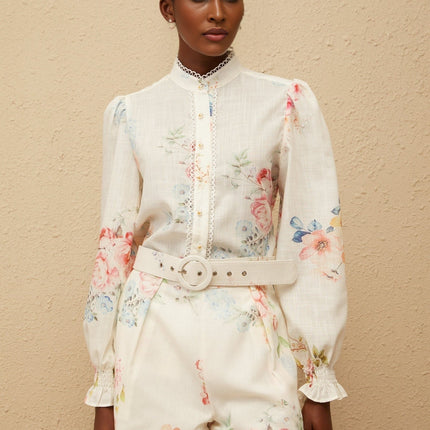 Women's Ambre White Floral Print Shirt & Shorts Set in Terylene Fiber