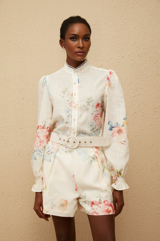 Women's Ambre White Floral Print Shirt & Shorts Set in Terylene Fiber