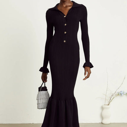 Amelia Black Midi Dress with Ruffled Spread Collar and Buttoned Cuffs & Hem