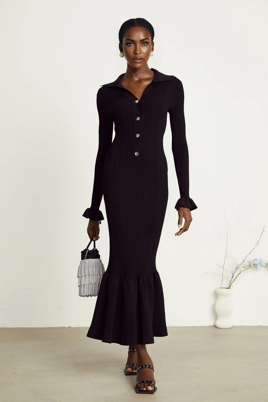 Amelia Black Midi Dress with Ruffled Spread Collar and Buttoned Cuffs & Hem