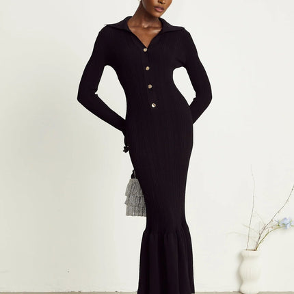 Amelia Black Midi Dress Ruffled Spread Collar Buttoned Cuffs Hem Front Button Placket Long Length Viscose Polyamide Polyester Elegant Sophisticated Modern Woman Graceful Refinement
