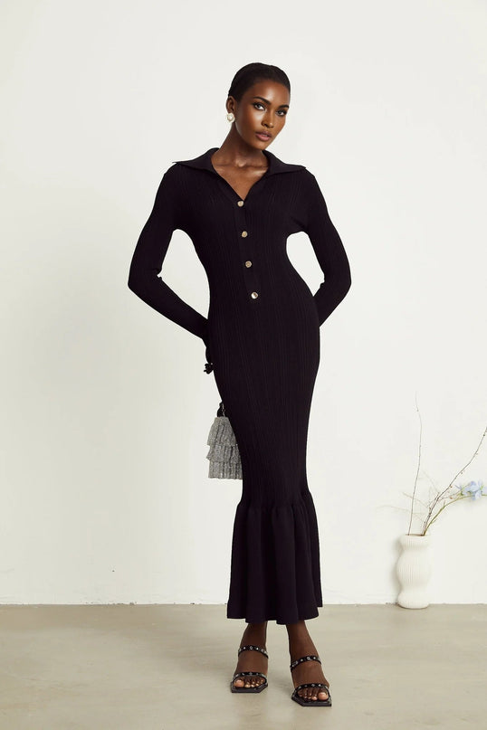 Amelia Black Midi Dress Ruffled Spread Collar Buttoned Cuffs Hem Front Button Placket Long Length Viscose Polyamide Polyester Elegant Sophisticated Modern Woman Graceful Refinement