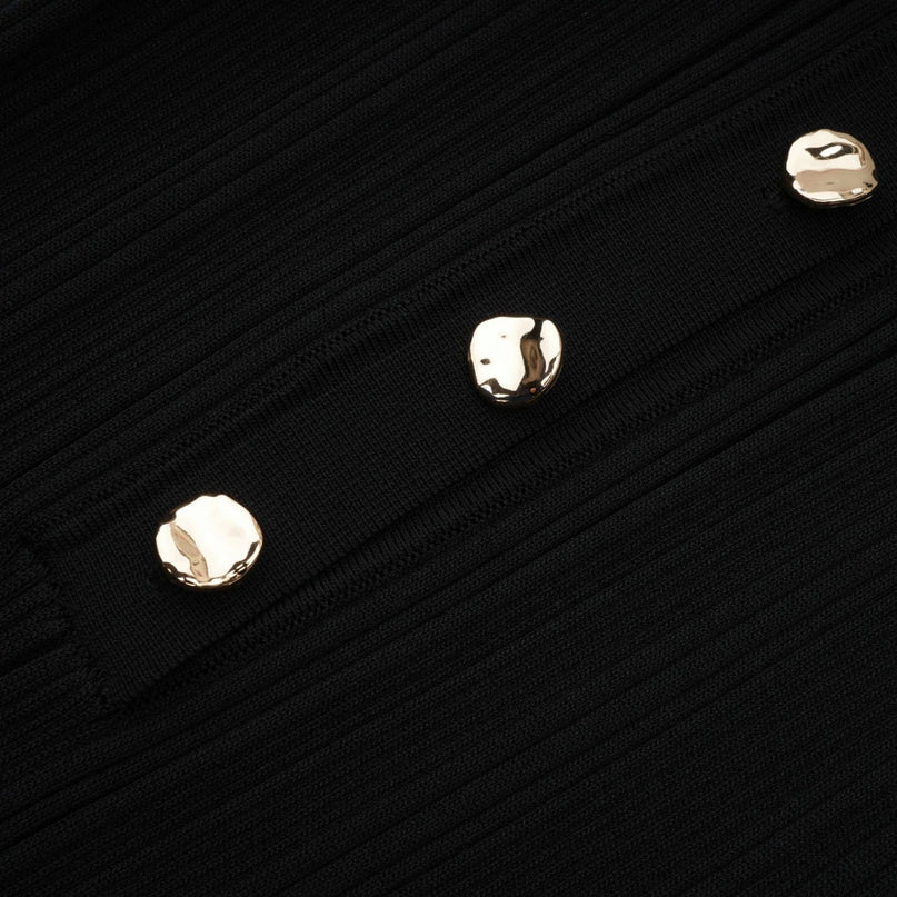 Amelia Black Midi Dress Ruffled Spread Collar Buttoned Cuffs Hem Front Button Placket Long Length Viscose Polyamide Polyester