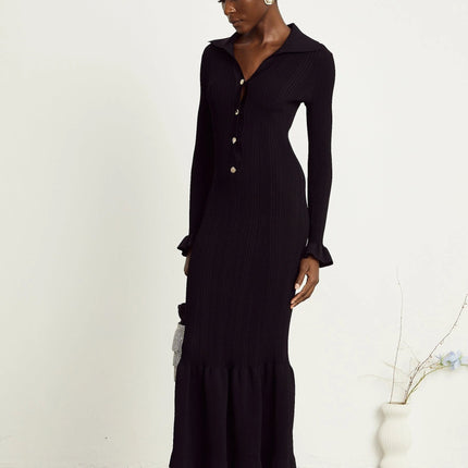 Amelia Black Midi Dress Ruffled Spread Collar Buttoned Cuffs Hem Front Button Placket Long Length Viscose Polyamide Polyester Elegant Sophisticated Charm Graceful Refinement