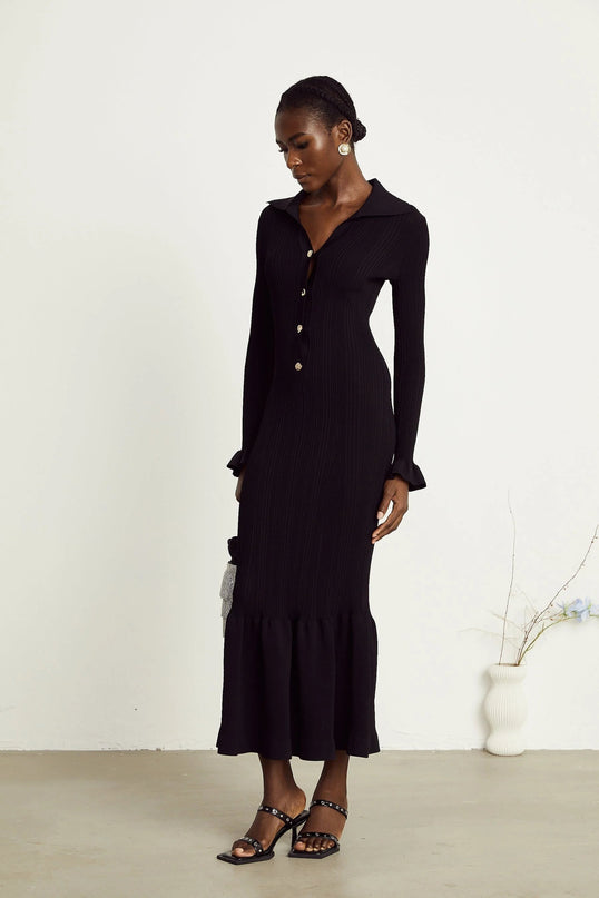 Amelia Black Midi Dress Ruffled Spread Collar Buttoned Cuffs Hem Front Button Placket Long Length Viscose Polyamide Polyester Elegant Sophisticated Charm Graceful Refinement