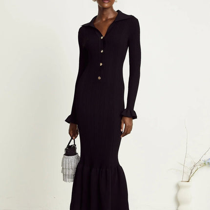 Amelia Black Midi Dress with Ruffled Spread Collar and Buttoned Cuffs & Hem