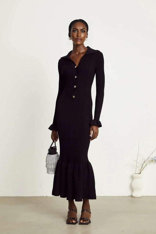 Amelia Black Midi Dress with Ruffled Spread Collar and Buttoned Cuffs & Hem