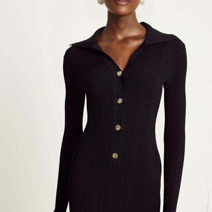 Amelia Black Midi Dress Ruffled Spread Collar Buttoned Cuffs Hem Front Button Placket Long Length Viscose Polyamide Polyester Elegant Sophisticated Modern Woman Graceful Refinement