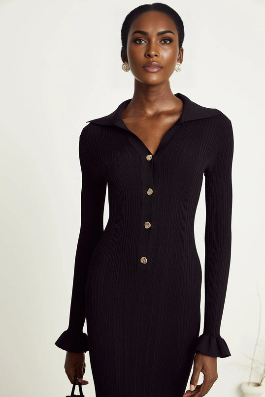 Amelia Black Midi Dress Ruffled Spread Collar Buttoned Cuffs Hem Front Button Placket Long Length Viscose Polyamide Polyester Elegant Sophisticated Modern Woman Graceful Refinement