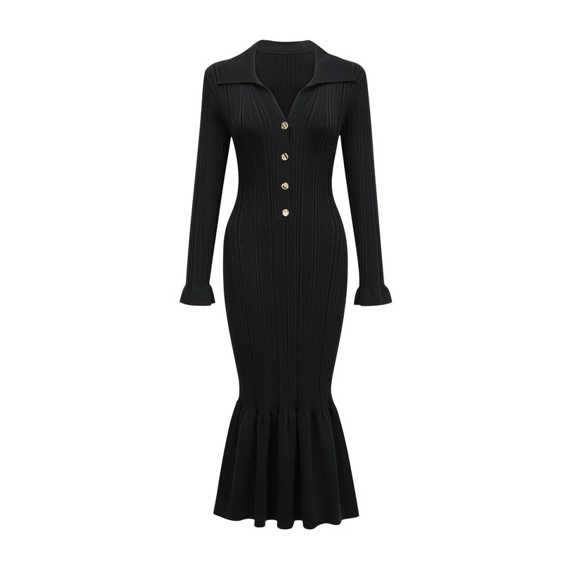 Amelia Black Midi Dress Ruffled Spread Collar Buttoned Cuffs Hem Front Button Placket Long Length Viscose Polyamide Polyester Elegant Sophisticated Graceful