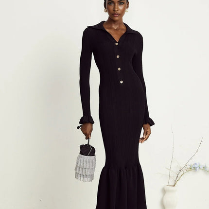 Amelia Black Midi Dress Ruffled Spread Collar Buttoned Cuffs Hem Front Button Placket Long Length Viscose Polyamide Polyester Elegant Sophisticated Charm
