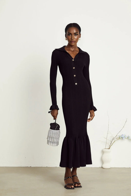 Amelia Black Midi Dress Ruffled Spread Collar Buttoned Cuffs Hem Front Button Placket Long Length Viscose Polyamide Polyester Elegant Sophisticated Charm