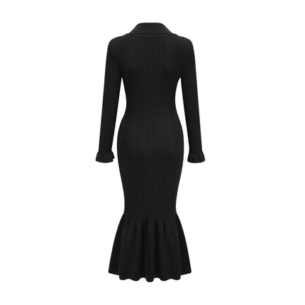 Amelia Black Midi Dress Ruffled Spread Collar Buttoned Cuffs Hem Front Button Placket Long Length Viscose Polyamide Polyester Elegant Sophisticated Modern Woman Graceful Refinement