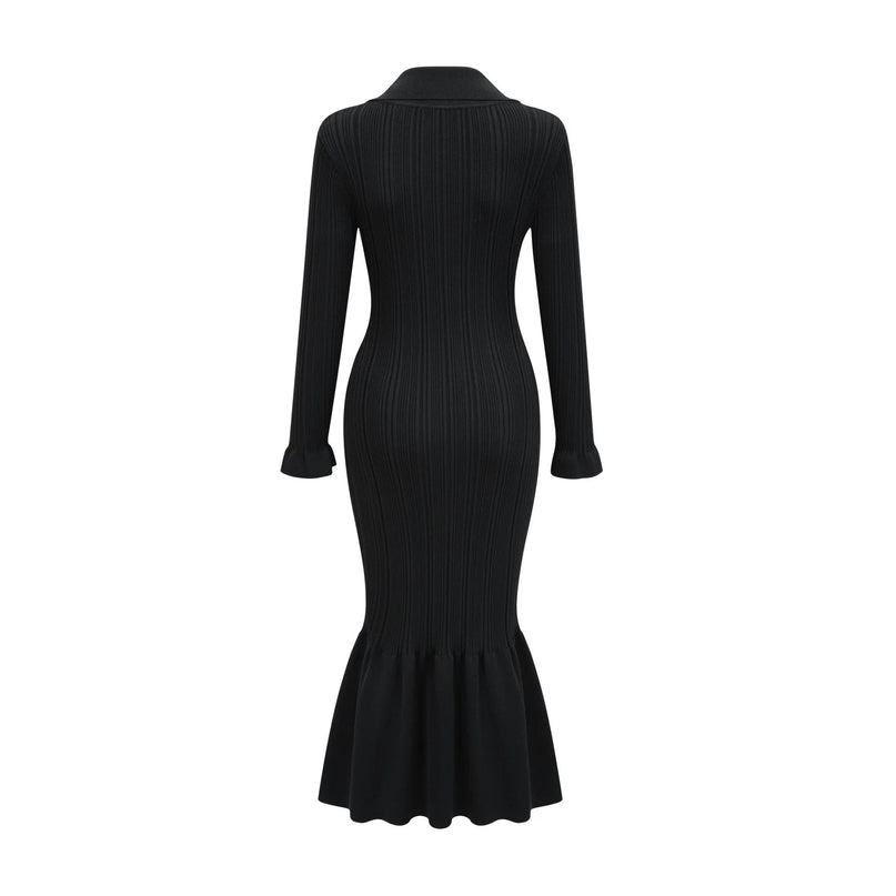 Amelia Black Midi Dress Ruffled Spread Collar Buttoned Cuffs Hem Front Button Placket Long Length Viscose Polyamide Polyester Elegant Sophisticated Modern Woman Graceful Refinement