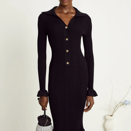 Amelia Black Midi Dress Ruffled Spread Collar Buttoned Cuffs Hem Front Button Placket Long Length Viscose Polyamide Polyester Elegant