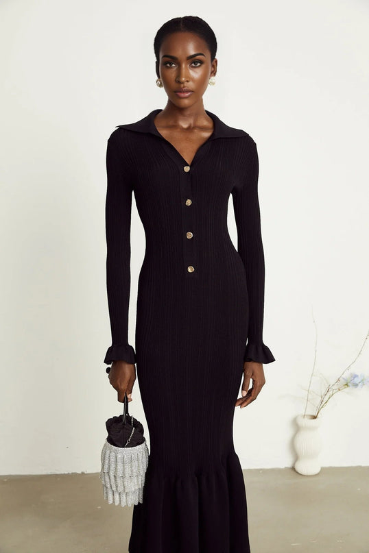 Amelia Black Midi Dress Ruffled Spread Collar Buttoned Cuffs Hem Front Button Placket Long Length Viscose Polyamide Polyester Elegant