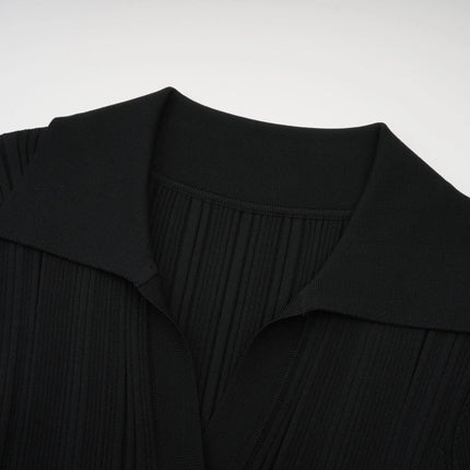 Amelia Black Midi Dress Ruffled Spread Collar Buttoned Cuffs Hem Front Button Placket Long Length Viscose Polyamide Polyester Elegant Sophisticated Charm