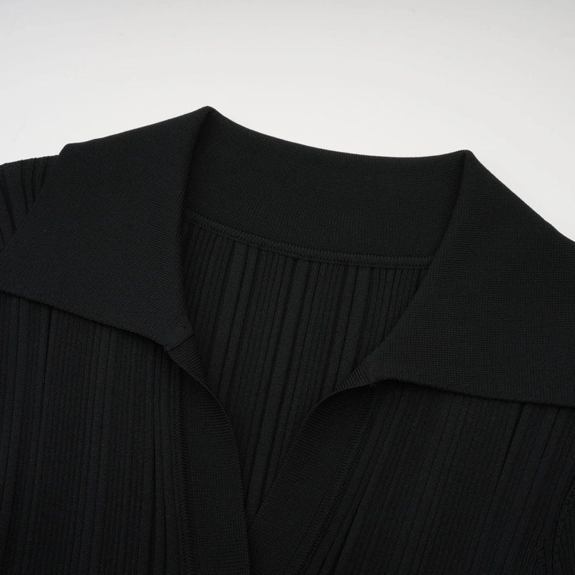 Amelia Black Midi Dress Ruffled Spread Collar Buttoned Cuffs Hem Front Button Placket Long Length Viscose Polyamide Polyester Elegant Sophisticated Charm