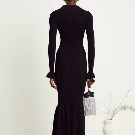 Amelia Black Midi Dress Ruffled Spread Collar Buttoned Cuffs Hem Long Length Front Button Placket Viscose Polyamide Polyester Elegant Sophisticated Charm