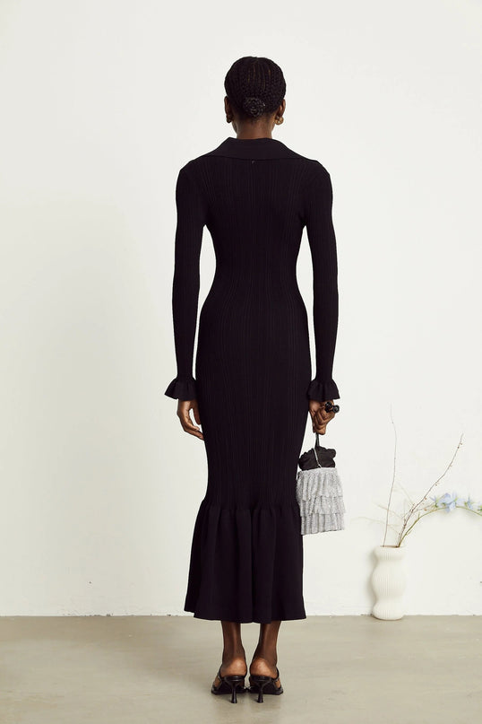 Amelia Black Midi Dress Ruffled Spread Collar Buttoned Cuffs Hem Long Length Front Button Placket Viscose Polyamide Polyester Elegant Sophisticated Charm