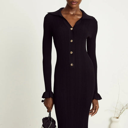 Amelia Black Midi Dress Ruffled Spread Collar Buttoned Cuffs Hem Front Button Placket Long Length Viscose Polyamide Polyester Blend Elegant Sophisticated Modern Woman Graceful Refinement