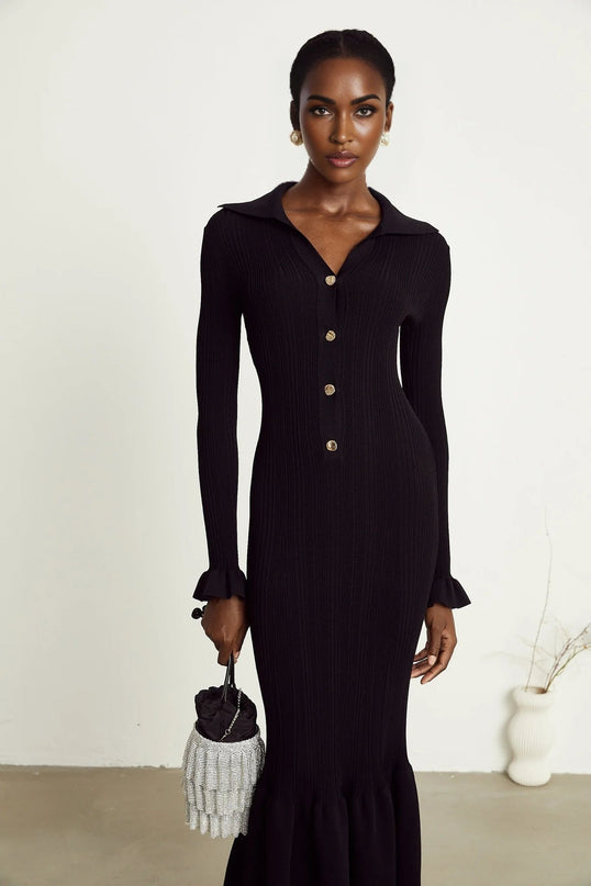 Amelia Black Midi Dress Ruffled Spread Collar Buttoned Cuffs Hem Front Button Placket Long Length Viscose Polyamide Polyester Blend Elegant Sophisticated Modern Woman Graceful Refinement