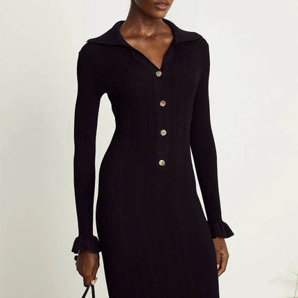 Amelia Black Midi Dress Ruffled Spread Collar Buttoned Cuffs Hem Long Length Front Button Placket Viscose Polyamide Polyester Elegant Sophisticated Charm