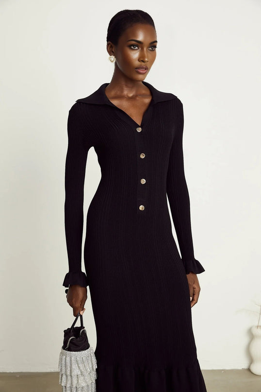 Amelia Black Midi Dress Ruffled Spread Collar Buttoned Cuffs Hem Long Length Front Button Placket Viscose Polyamide Polyester Elegant Sophisticated Charm