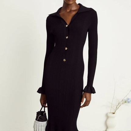 Amelia Black Midi Dress Ruffled Spread Collar Buttoned Cuffs Hem Front Button Placket Long Length Viscose Polyamide Polyester Elegant Sophisticated Charm