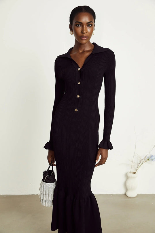 Amelia Black Midi Dress Ruffled Spread Collar Buttoned Cuffs Hem Front Button Placket Long Length Viscose Polyamide Polyester Elegant Sophisticated Charm