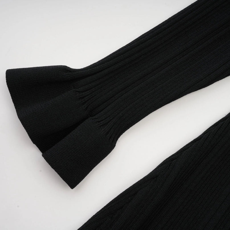 Amelia Black Midi Dress Ruffled Spread Collar Buttoned Cuffs Hem Front Button Placket Long Length Viscose Polyamide Polyester Elegant Sophisticated Modern Woman Graceful Refinement