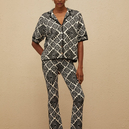 Amelia Black Shirt and Trousers Set Knitted Jacquard Design Viscose Cotton Blend