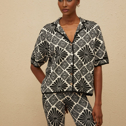 Amelia Black Shirt and Trousers Set Knitted Jacquard Design