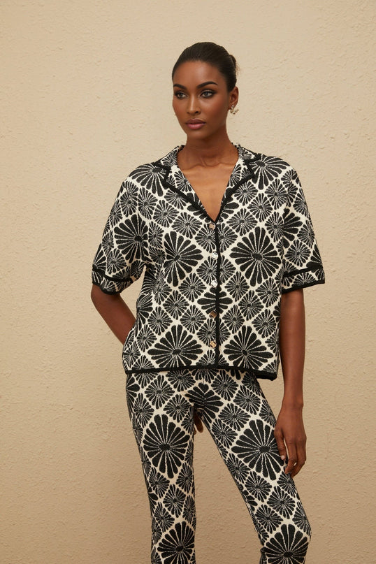 Amelia Black Shirt and Trousers Set Knitted Jacquard Design