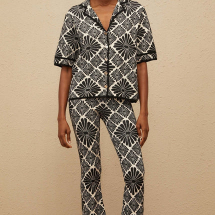 Amelia Black Shirt and Trousers Set with Knitted Jacquard Design