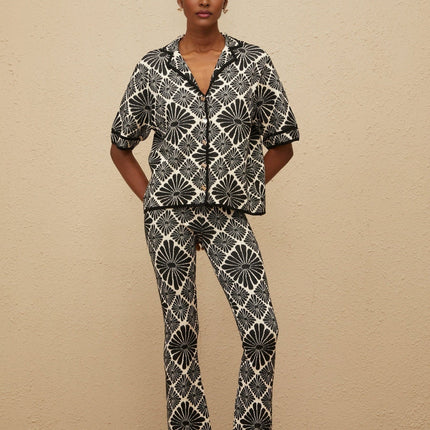 Amelia Black Shirt and Trousers Set Knitted Jacquard Design Viscose Cotton Blend