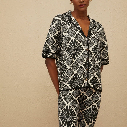 Amelia Black Shirt and Trousers Set Knitted Jacquard Design