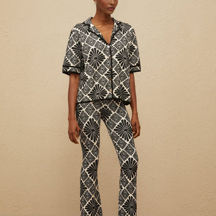 Amelia Black Shirt and Trousers Set Knitted Jacquard Design