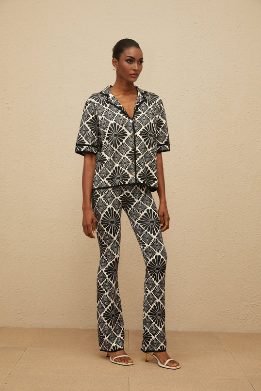 Amelia Black Shirt and Trousers Set Knitted Jacquard Design