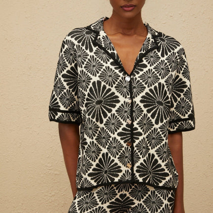 Amelia Black Shirt and Trousers Set Knitted Jacquard Design