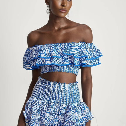 Amelia Blue and White Pattern Print Skirt and Top Set