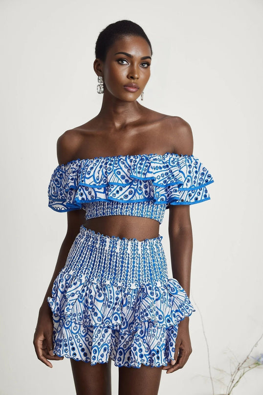 Amelia Blue and White Pattern Print Skirt and Top Set