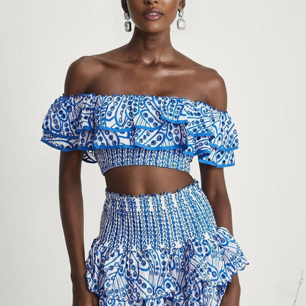 Amelia Blue and White Pattern Print Skirt and Top Set