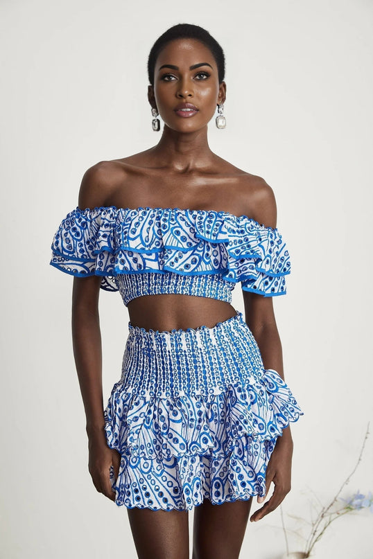 Amelia Blue and White Pattern Print Skirt and Top Set